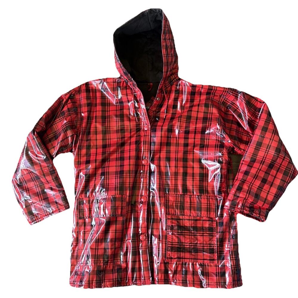 Vintage Wippette Rainthings Plaid Vinyl Raincoat Hooded Fleece Lined Sz M 90s